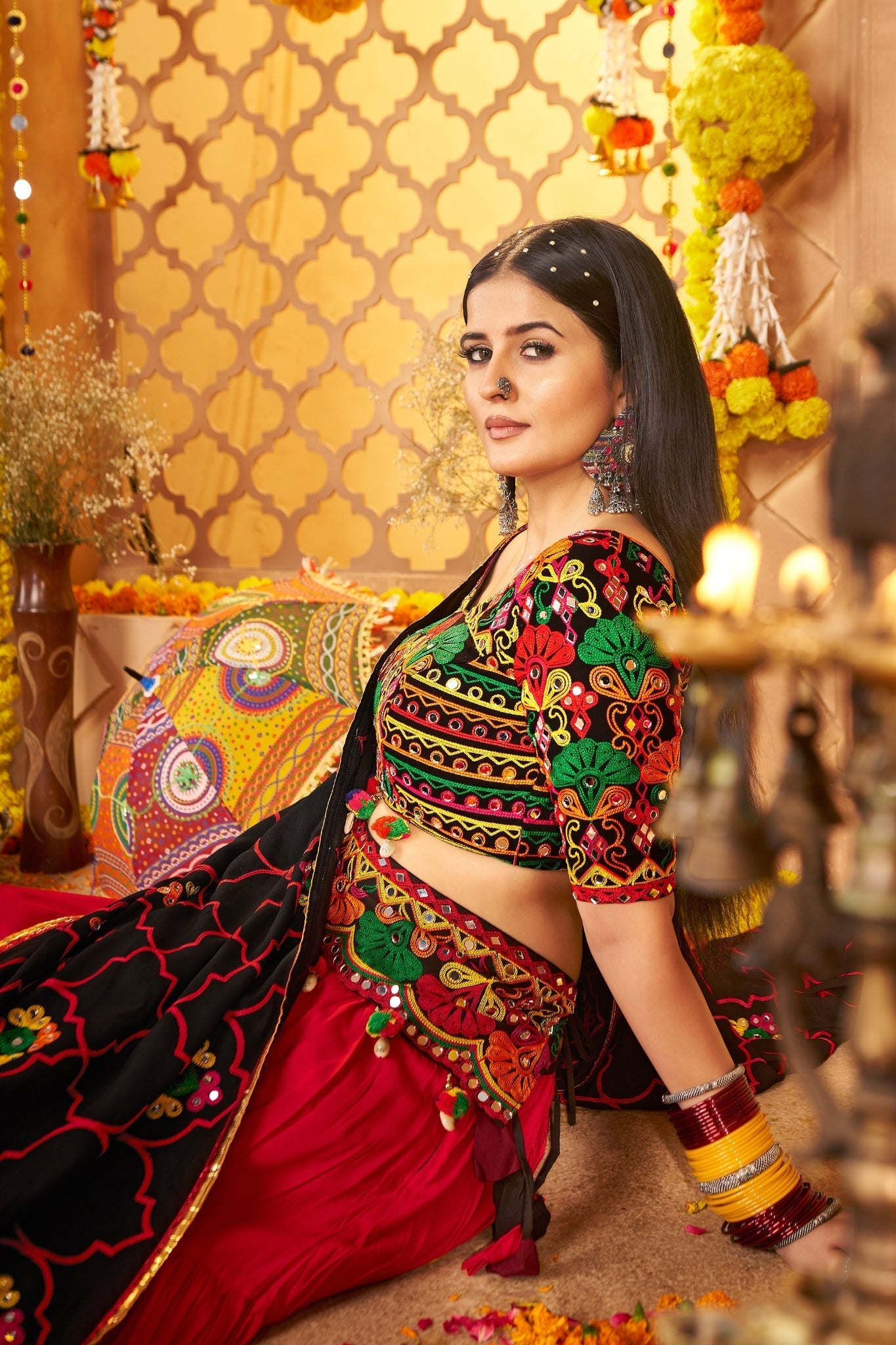 Festive Designer Viscose Cotton Multi Tread With Mirror Work Traditional Navratri Lehenga Choli - ETHNICDEAL