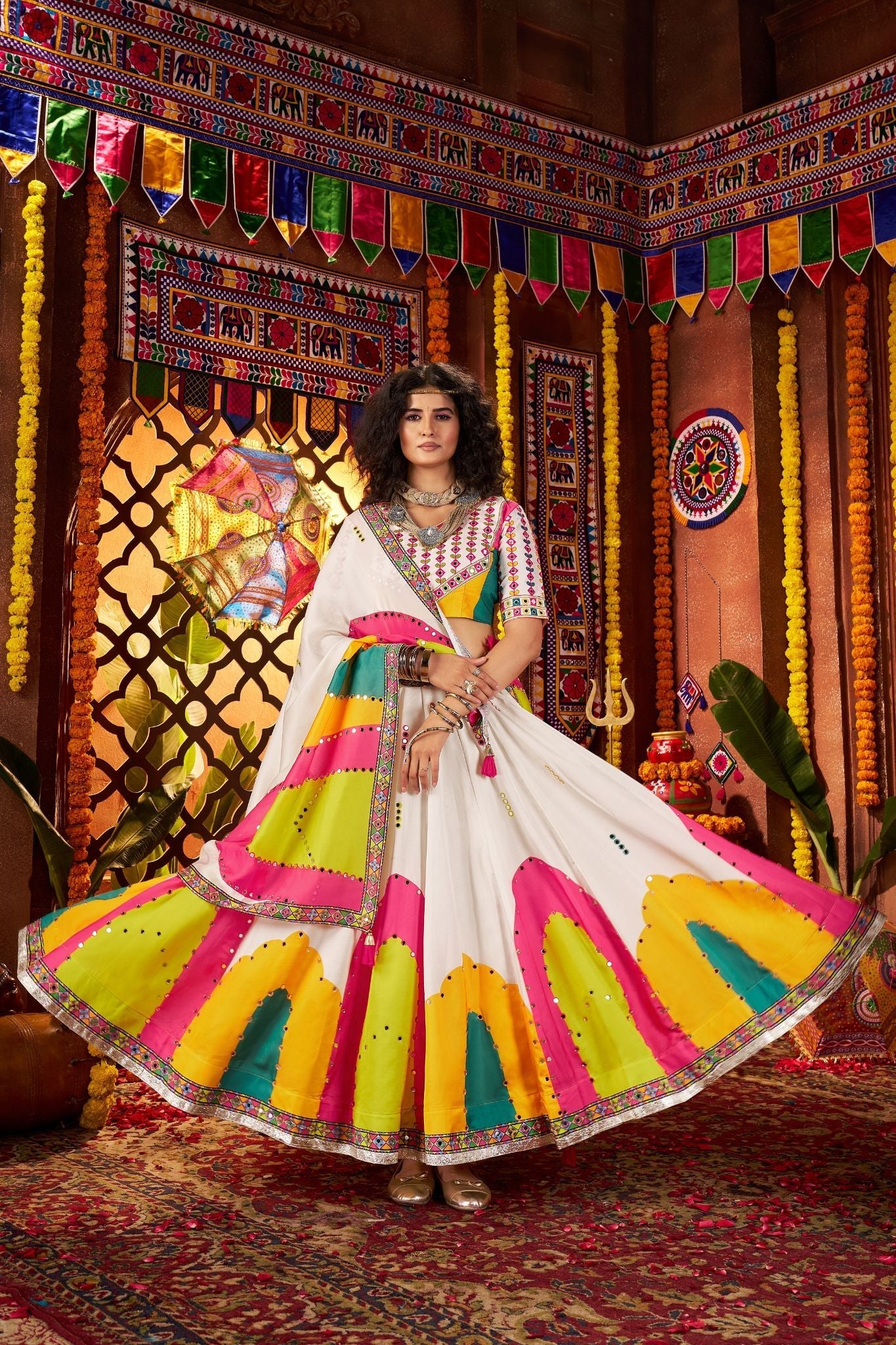 Designer White Lehenga Choli For Navratri With Mirror And Hand Embroidery Work - ETHNICDEAL