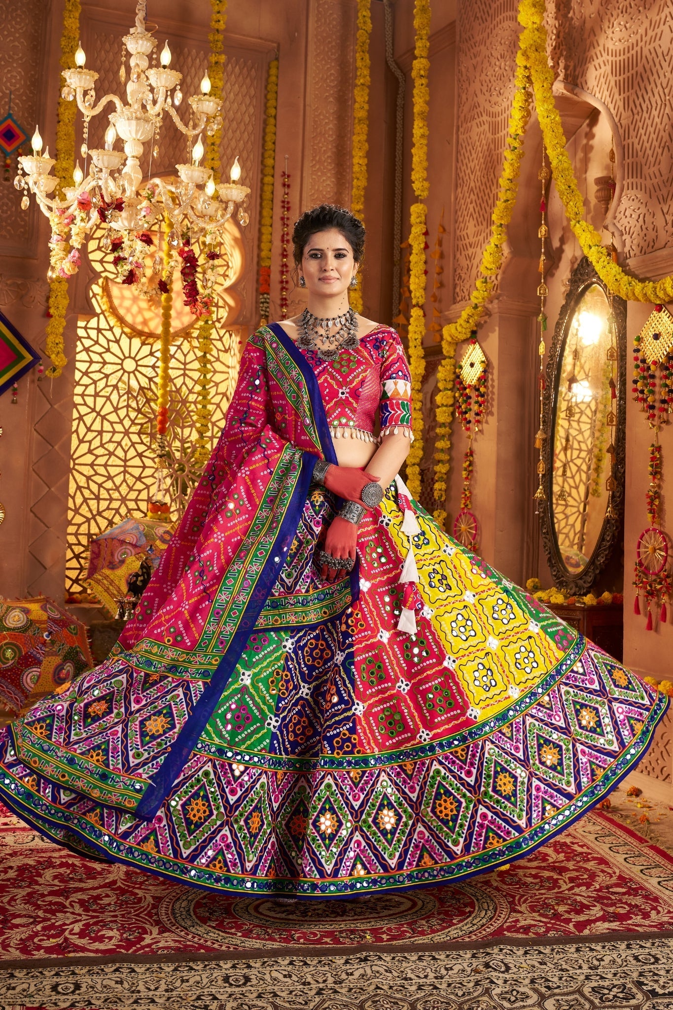 Multi Color Beautiful Organic Cotton Navratri Special Designer Lehenga Choli Set - ETHNICDEAL