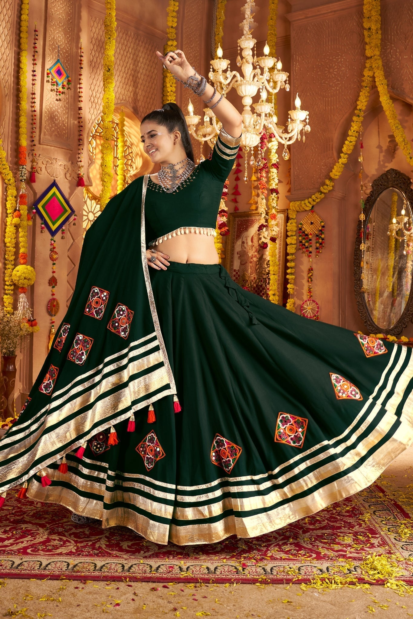 Green Thread Embroidered With Hand Mirror Work Navratri Festive Readymade Lehenga Choli - ETHNICDEAL