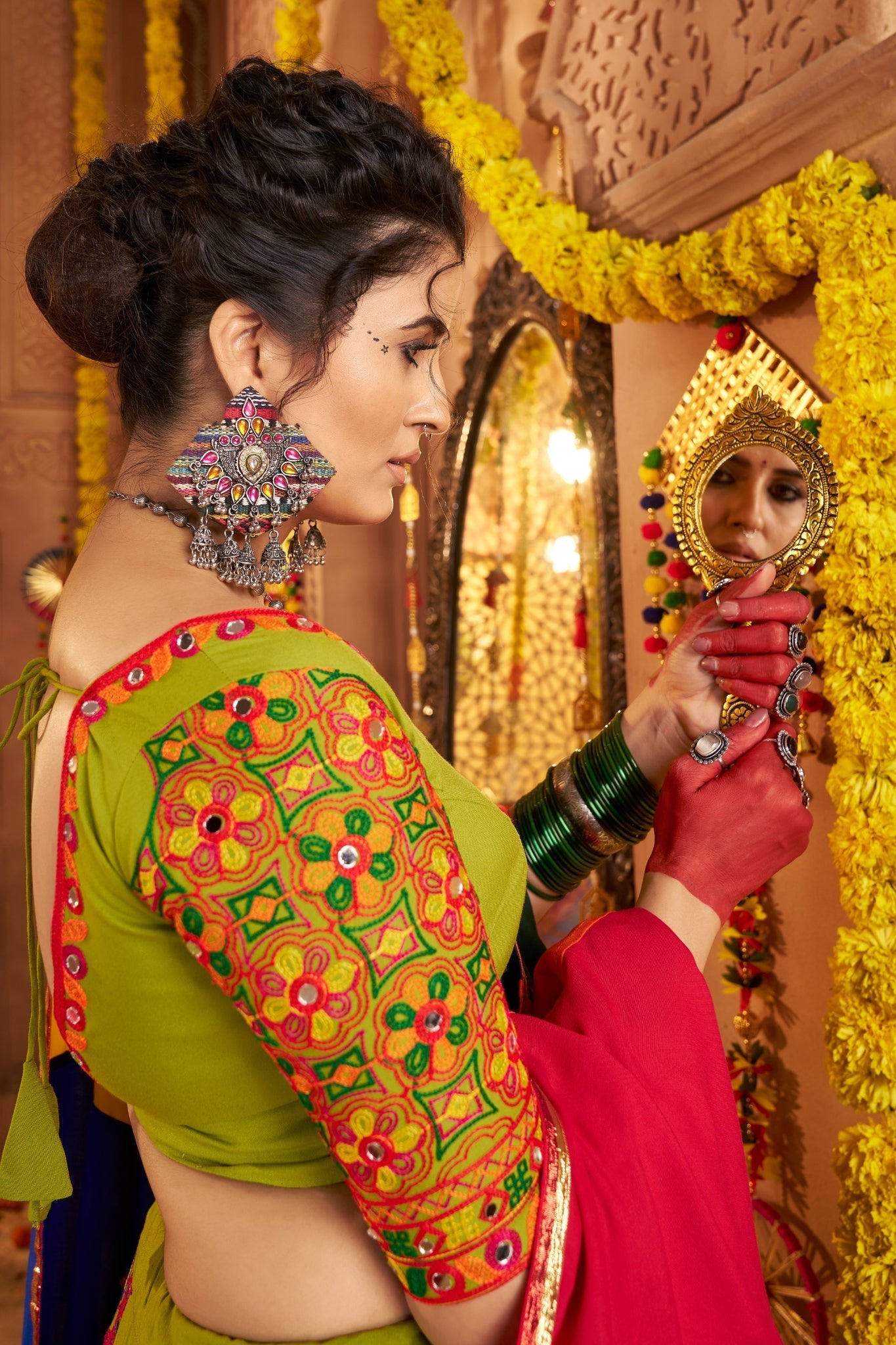 Viscose Cotton Elegant Thread Embroidered With Mirror Work Traditional Navratri Lehenga Choli - ETHNICDEAL