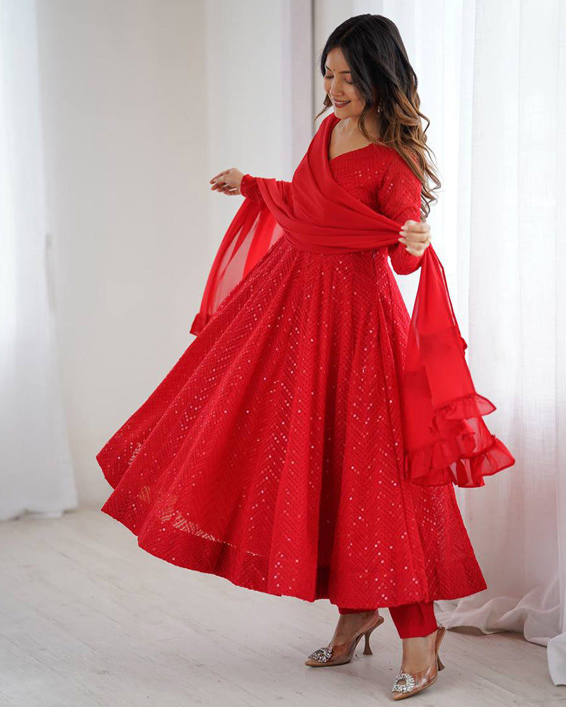Red Color Georgette Lucknowi Three Piece Anarkali Suit - ETHNICDEAL