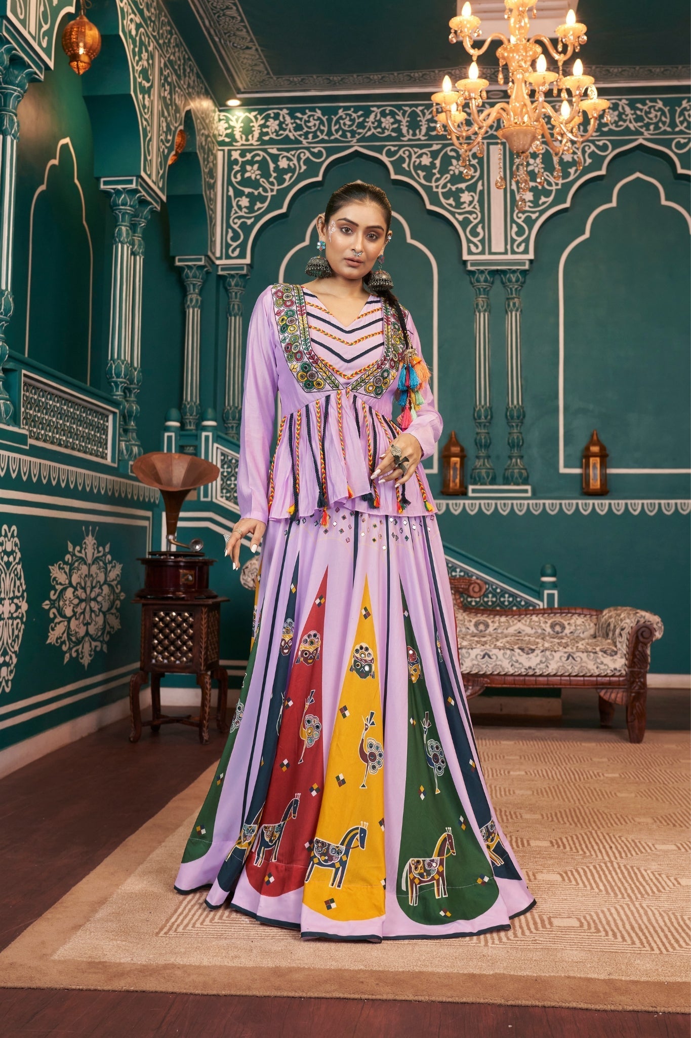 Lavender Embroidered With Mirror Work Designer Navratri Readymade Lehenga Choli - ETHNICDEAL