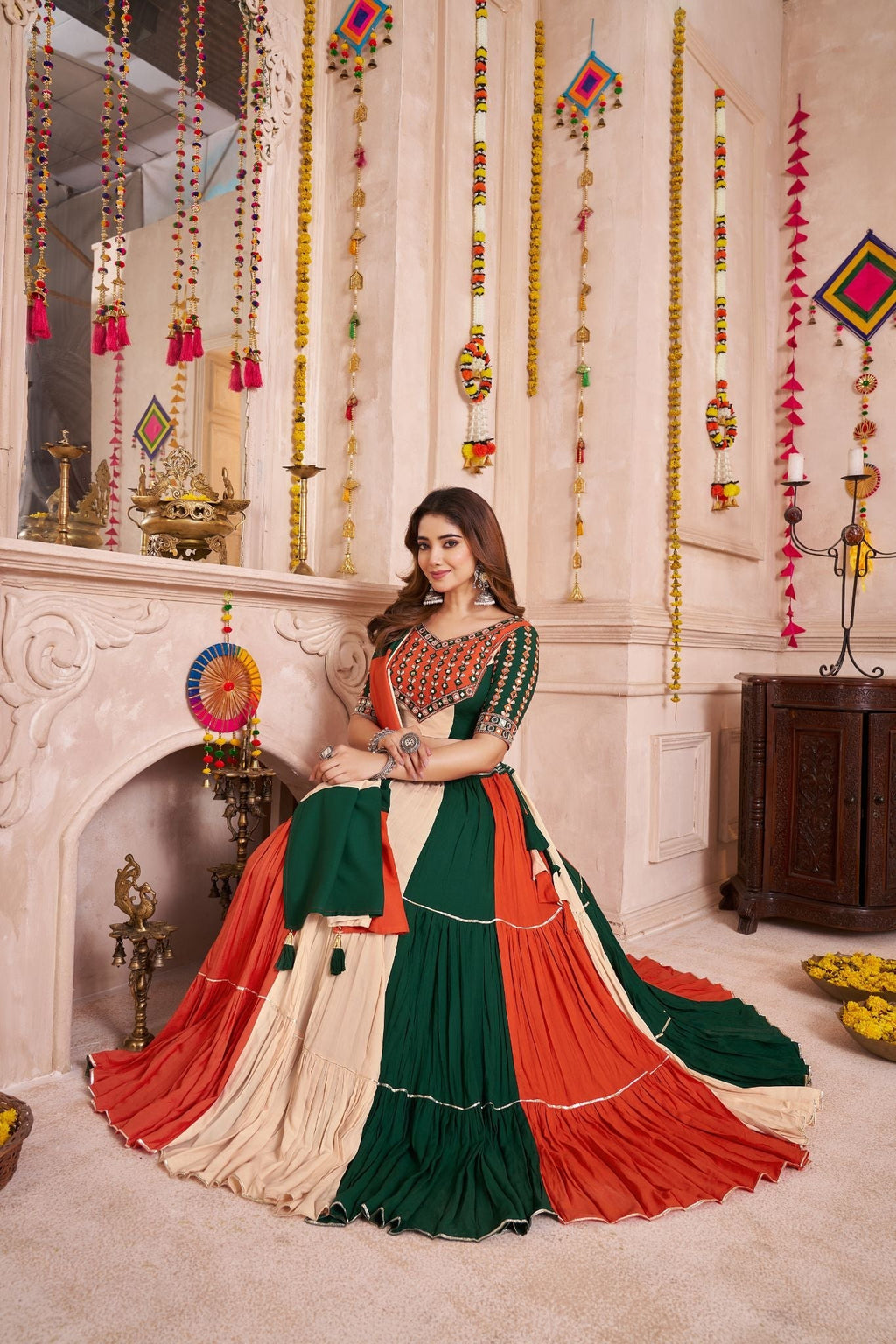 Multi Color Frill And Flair Concept Designer Navratri Lehenga Choli - ETHNICDEAL