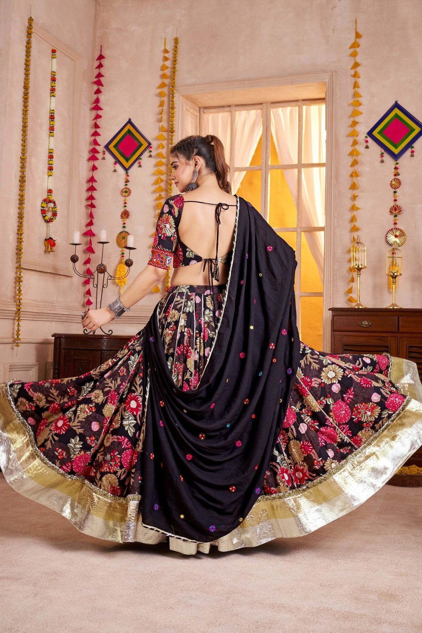 Black Kutchi Patch Work Viscose Cotton Designer Lehenga Choli - ETHNICDEAL
