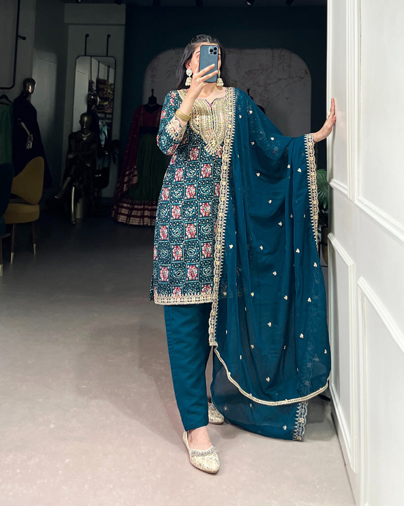 Rama Color Rayon Three Piece Kurti Suit - ETHNICDEAL