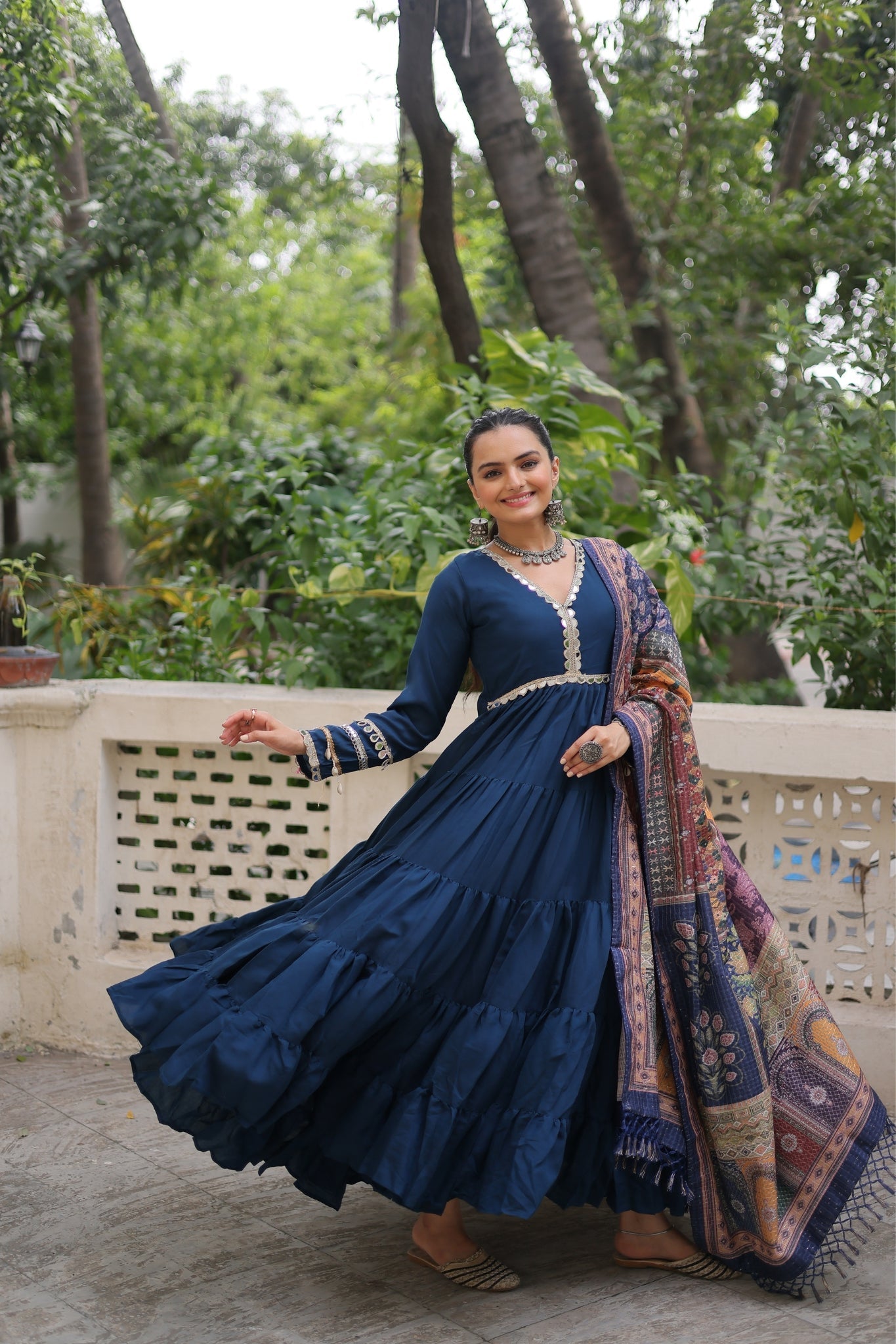 Beautiful Frill Stitching Designer Festival And Wedding Gown And Dupatta Set - ETHNICDEAL