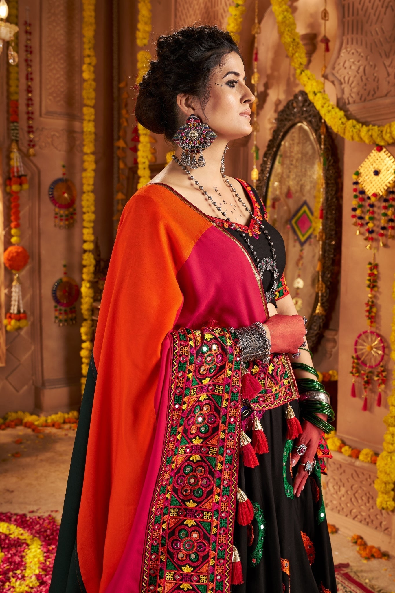 Viscose Cotton Elegant Thread Embroidered With Mirror Work Traditional Navratri Lehenga Choli - ETHNICDEAL