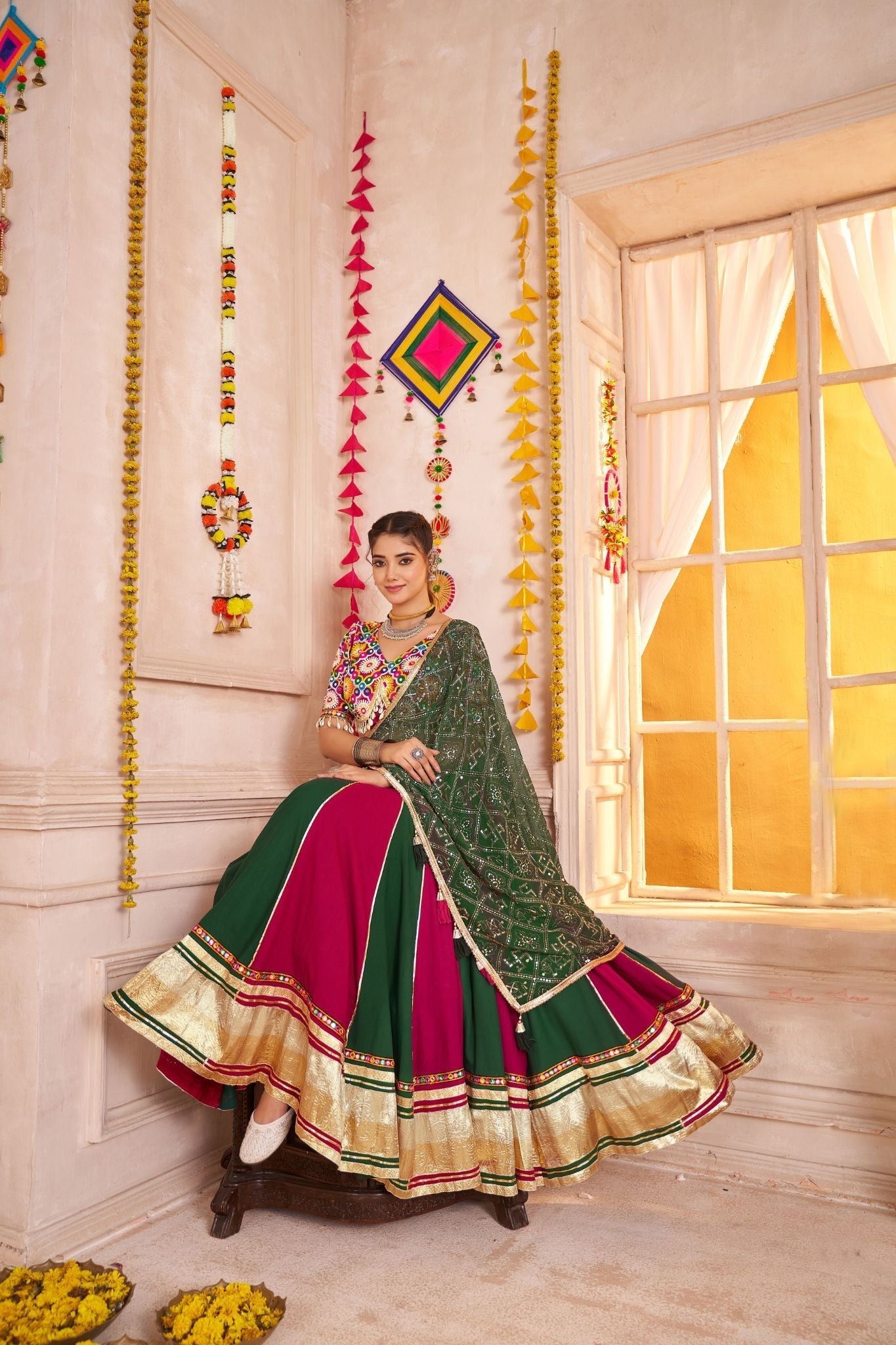 Multi Color Viscose Cotton Traditional Designer Navratri Lehenga Choli - ETHNICDEAL