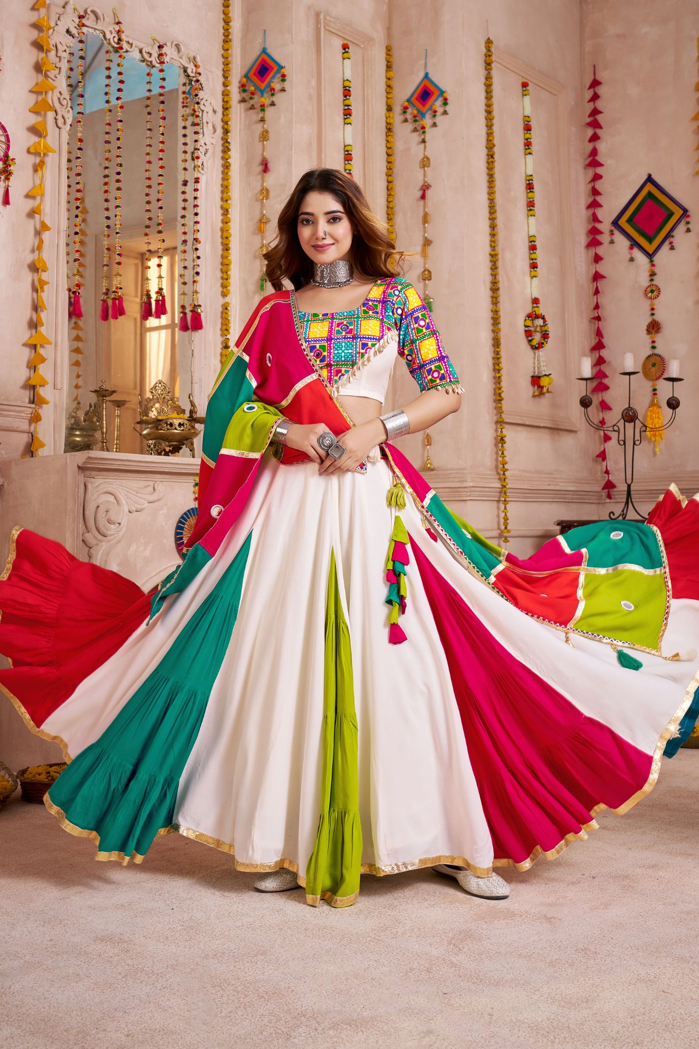 Classic Navratri Lehenga Choli With Handmade Multicolor Patchwork Dupatta - ETHNICDEAL