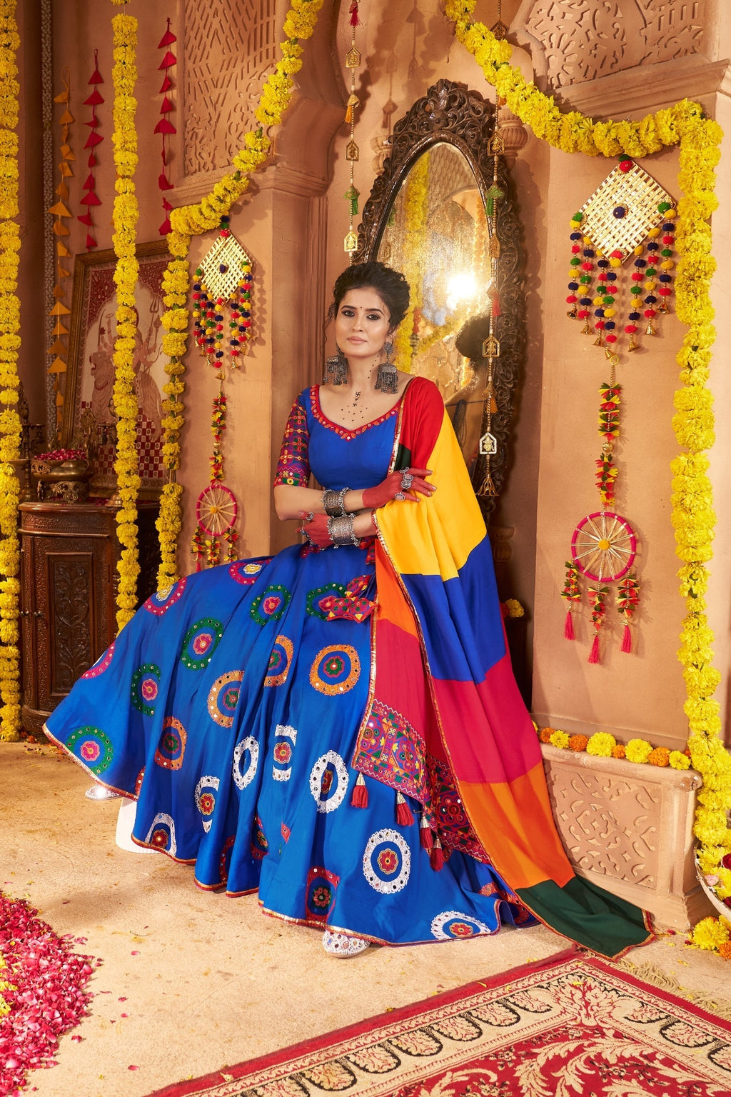 Viscose Cotton Elegant Thread Embroidered With Mirror Work Traditional Navratri Lehenga Choli - ETHNICDEAL