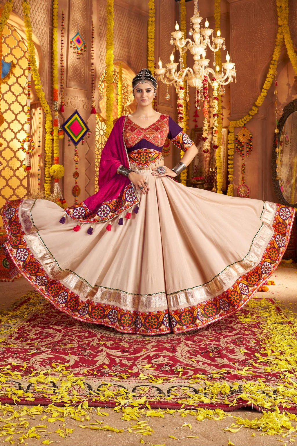 Stunning Navratri Designer Viscose Rayon Embroidered With Mirror Work Traditional Lehenga Choli - ETHNICDEAL
