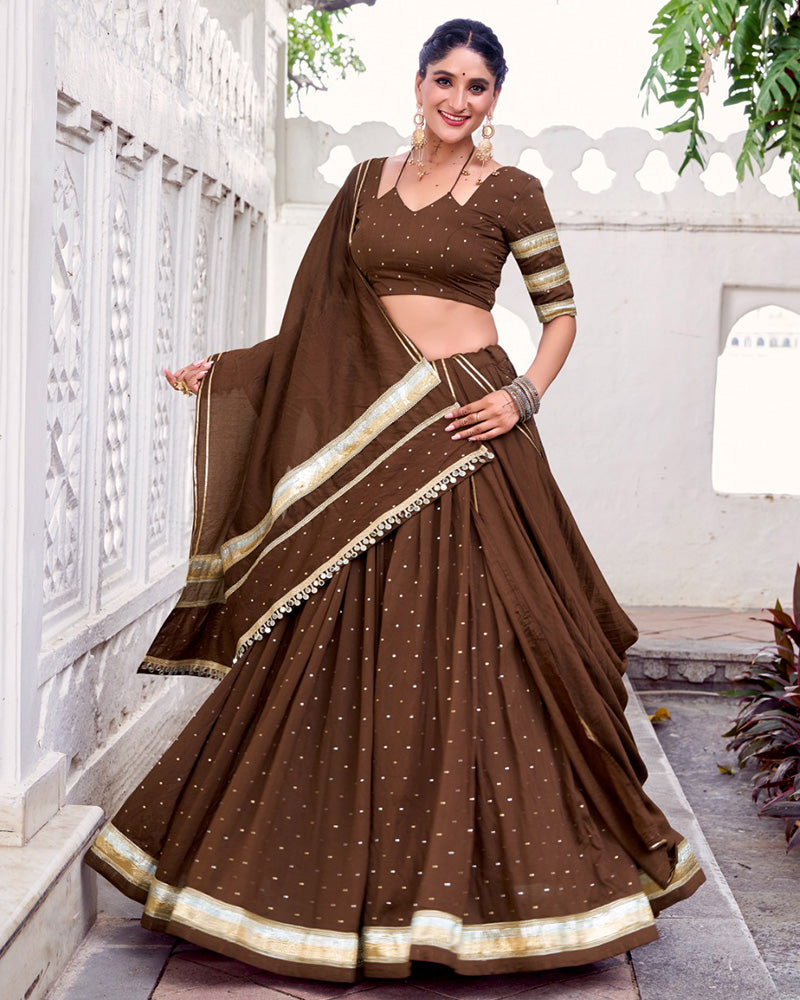 Festive Brown Pure Chanderi Lehenga Choli for Garba and Navratri - ETHNICDEAL