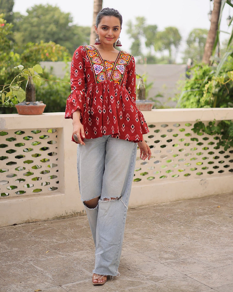 Designer Maroon Cotton Printed Kediya for Navratri Festival - ETHNICDEAL