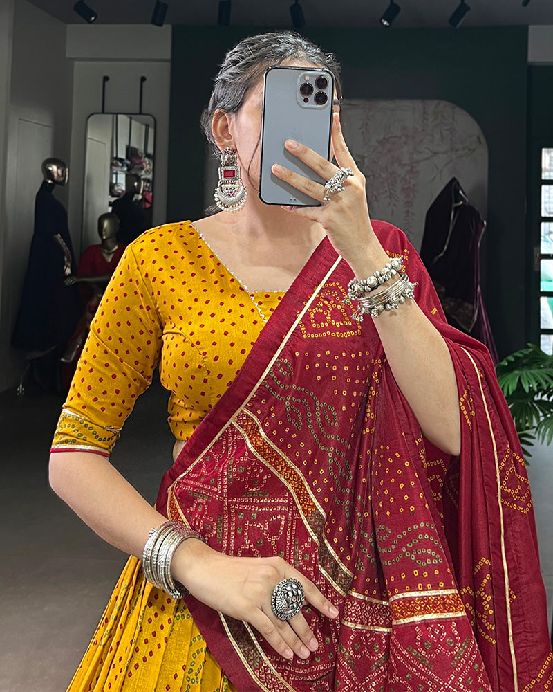 Yellow Tussar Silk Bandhej Lehenga Choli for Navratri Festival Wear - ETHNICDEAL