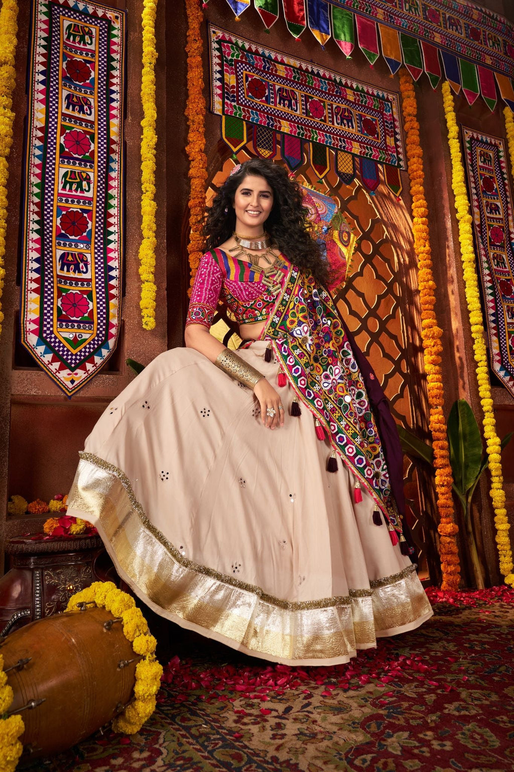 Navratri Special Kutchi Mirror Work Beige Lehenga Choli In Viscose Cotton - ETHNICDEAL