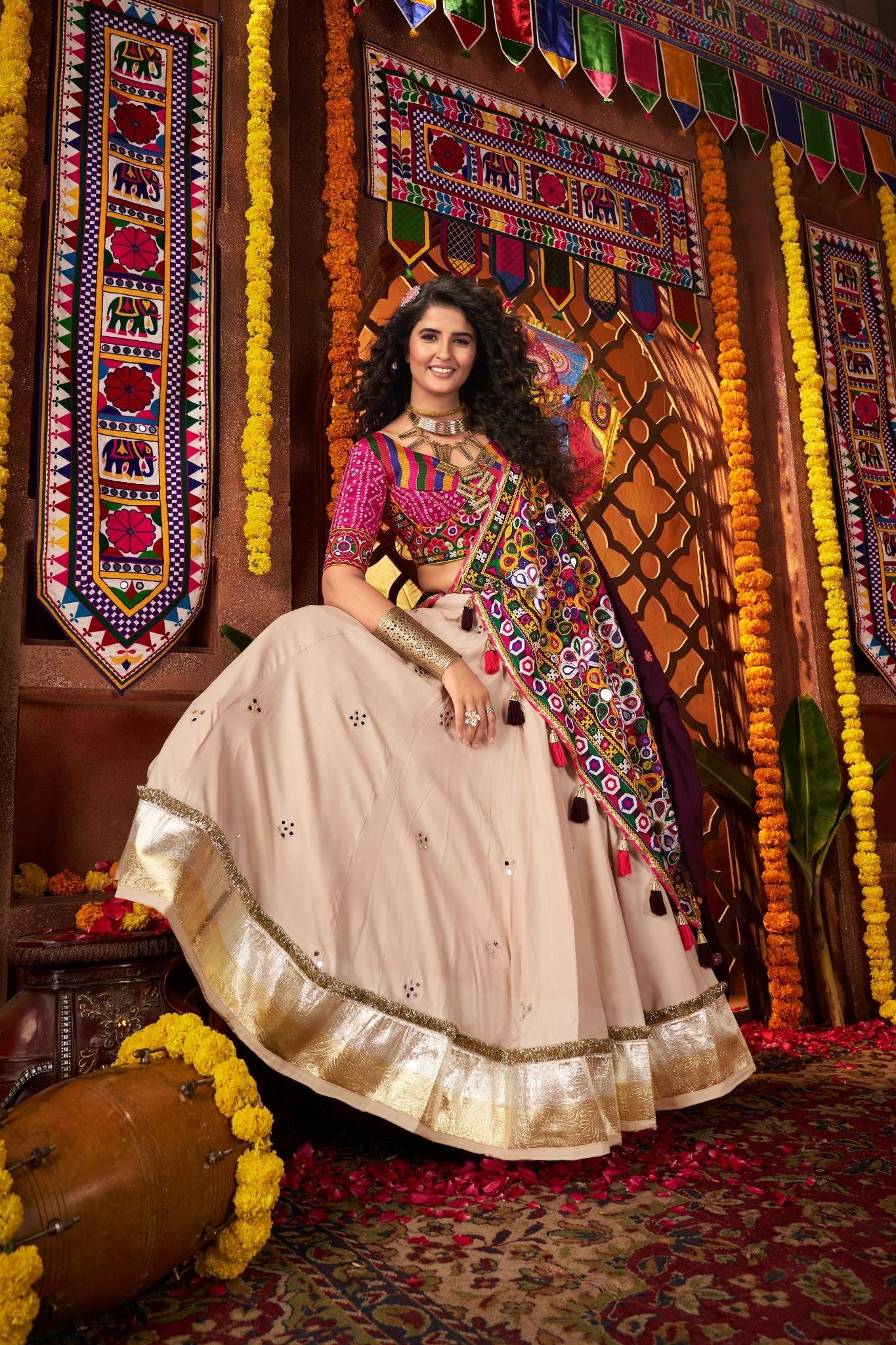 Navratri Special Kutchi Mirror Work Beige Lehenga Choli In Viscose Cotton - ETHNICDEAL