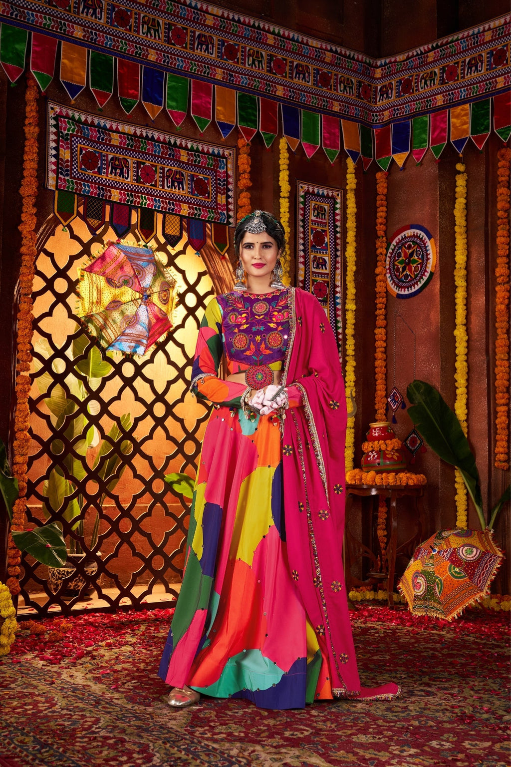Beautiful Multi Color Designer Maslin Traditional Navratri Special Lehenga Choli - ETHNICDEAL