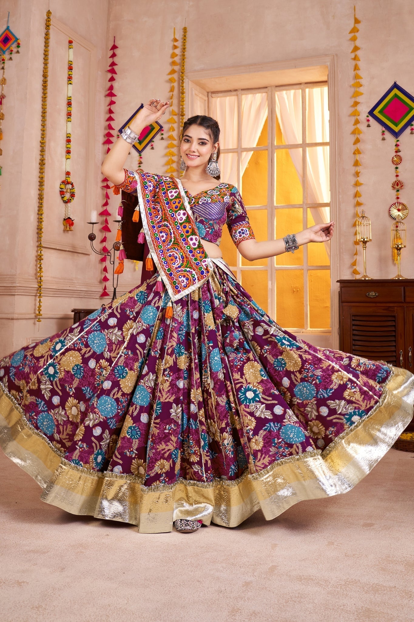 Purple Viscose Cotton Navratri Special Designer Lehenga Choli Set - ETHNICDEAL
