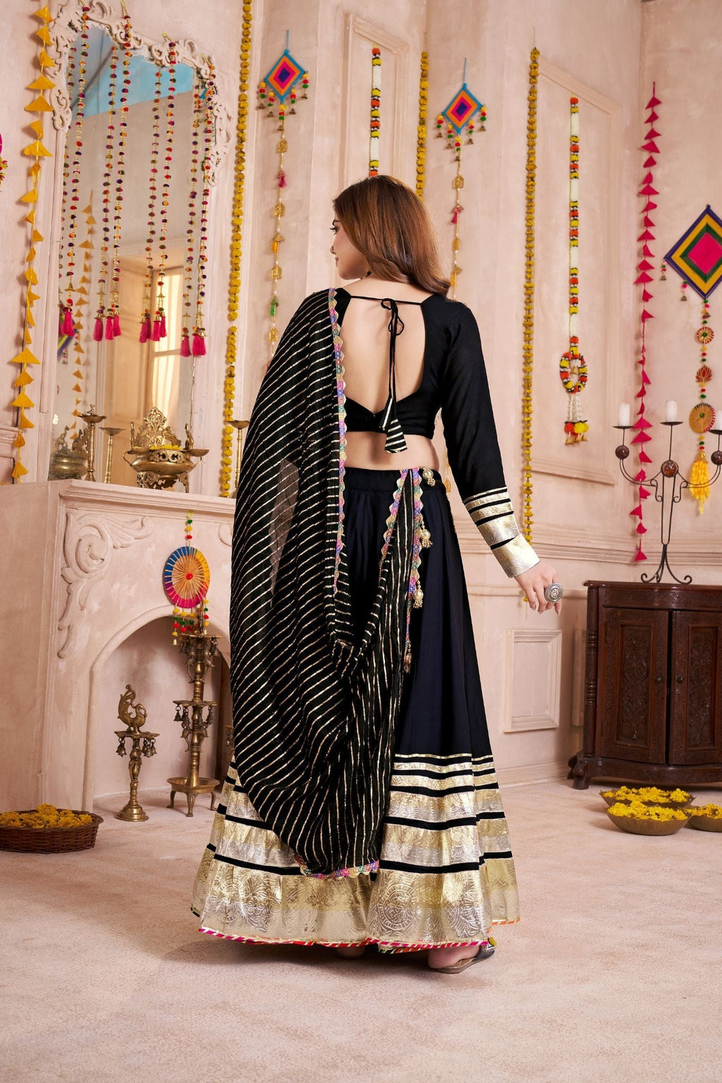 Black Handmade Designer Navratri Lehenga Choli With Jacquard Dupatta - ETHNICDEAL