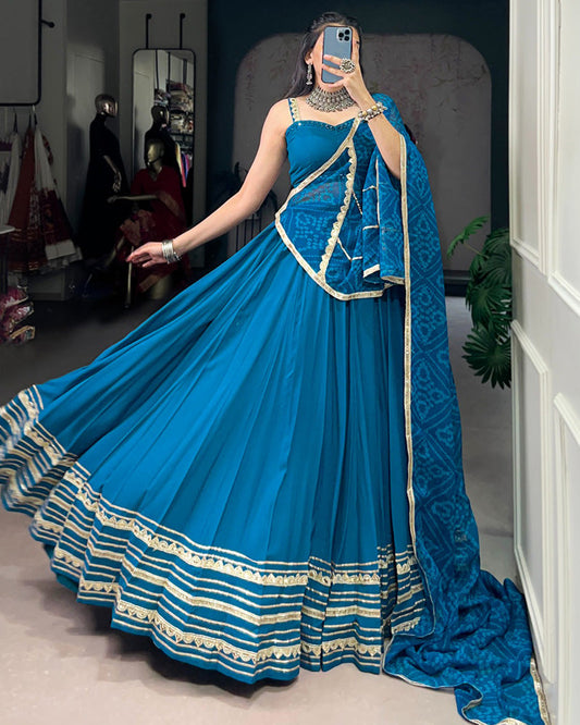 Classic Teal Blue Color Pure Rayon Navratri Lehenga Choli - ETHNICDEAL
