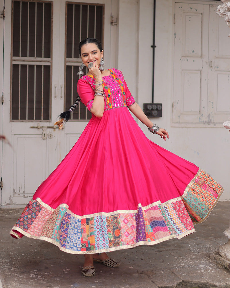 Colorful Border Pink Color Roman Silk Gamthi Work Navratri Gown - ETHNICDEAL