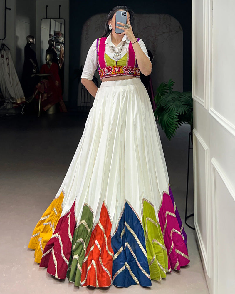 White Rayon Navratri Lehenga Choli WIth Multicolor Border - ETHNICDEAL