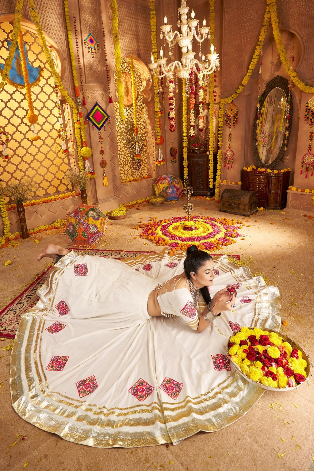 White Navratri Stunning Hand Mirror Work With Tread Embroidered Traditional Readymade Lehenga Choli - ETHNICDEAL