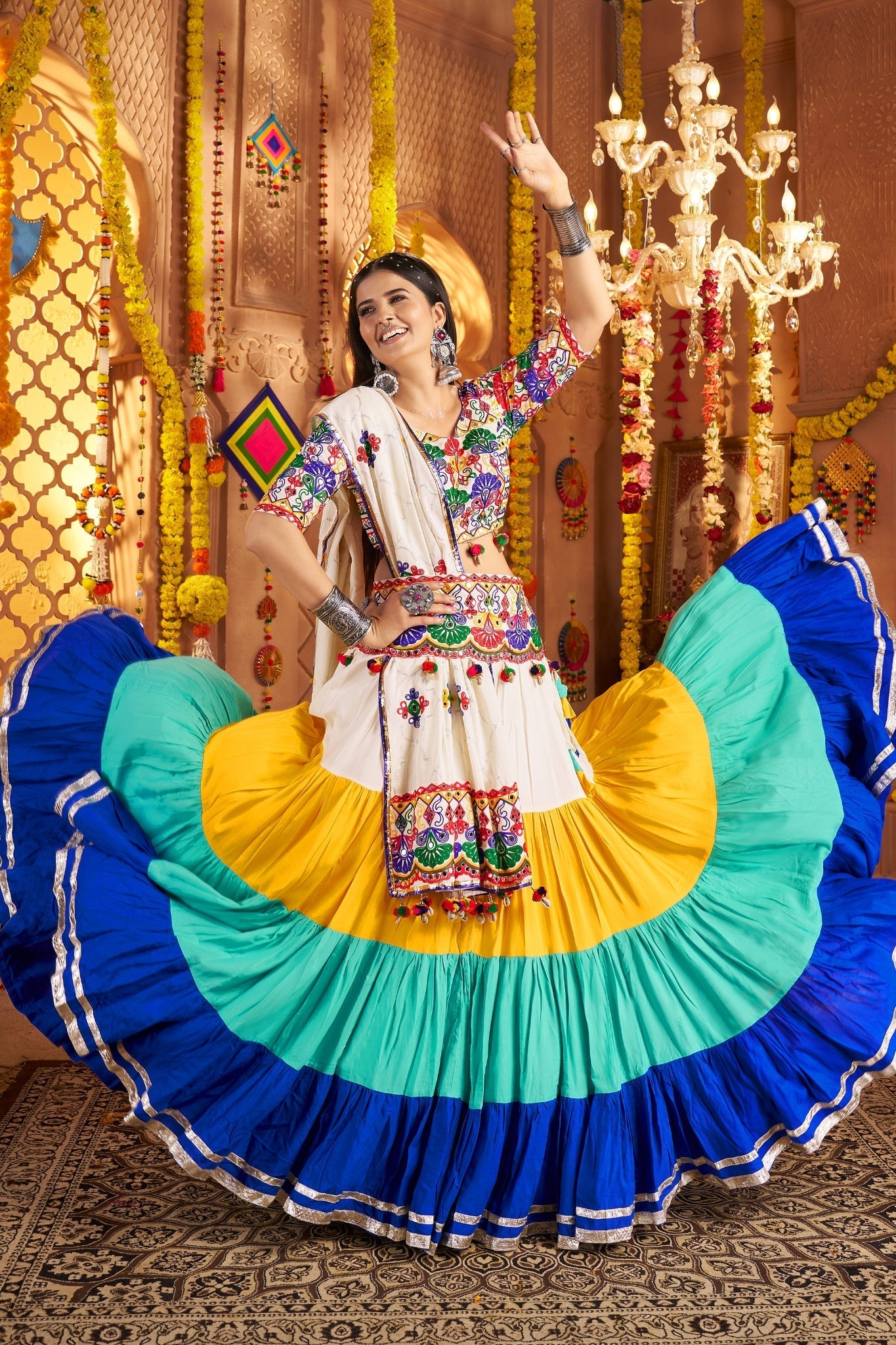 Beautiful Viscose Cotton Traditional Tread Embroidered With Mirror Work Navratri Lehenga Choli - ETHNICDEAL