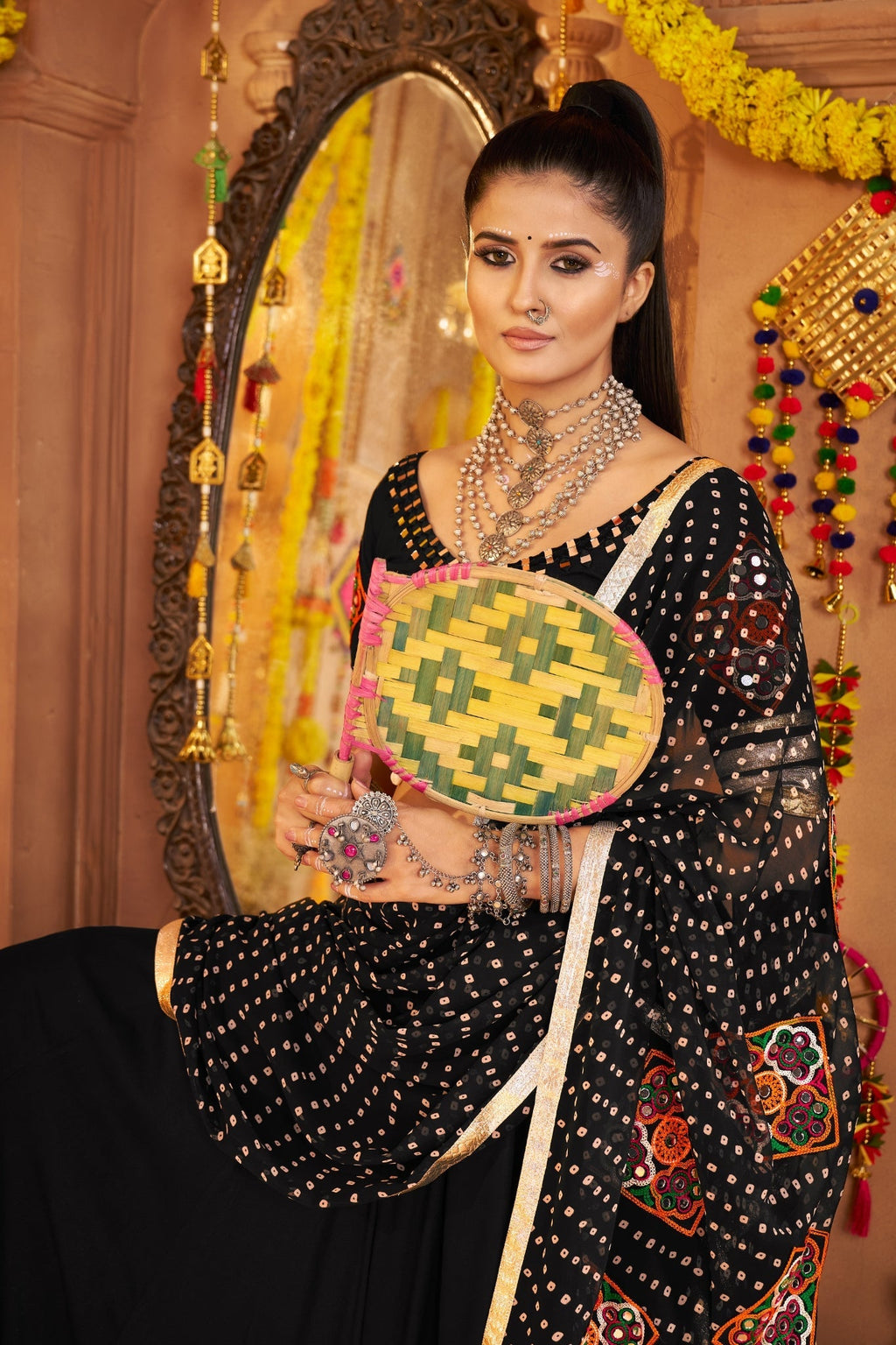 Navratri crafted Designer Viscose Rayon Tread Embroidered With Mirror Work Black Readymade Lehenga Choli - ETHNICDEAL