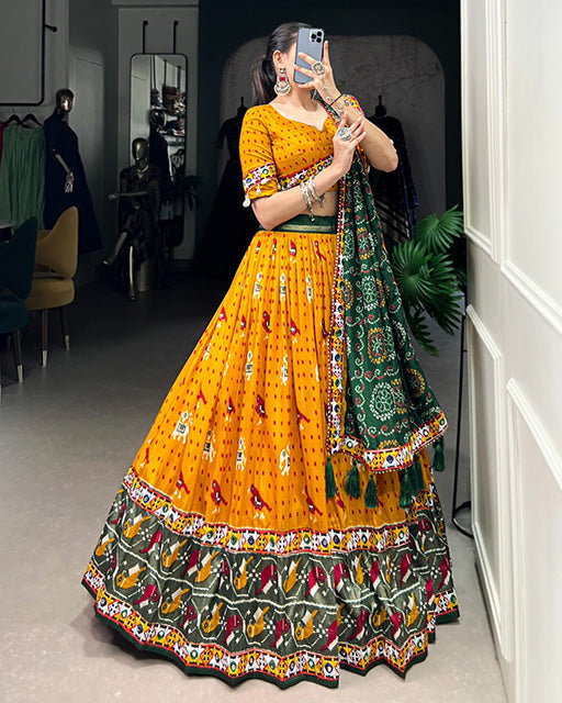 Mustard Color Tussar Silk Patola Printed Navratri Lehenga Choli - ETHNICDEAL