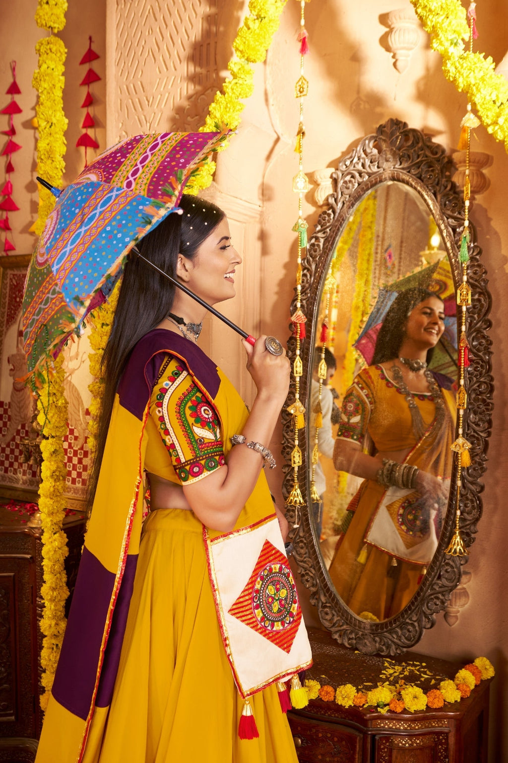 Mustard Yellow Viscose Cotton Traditional Designer Navratri Lehenga Choli - ETHNICDEAL