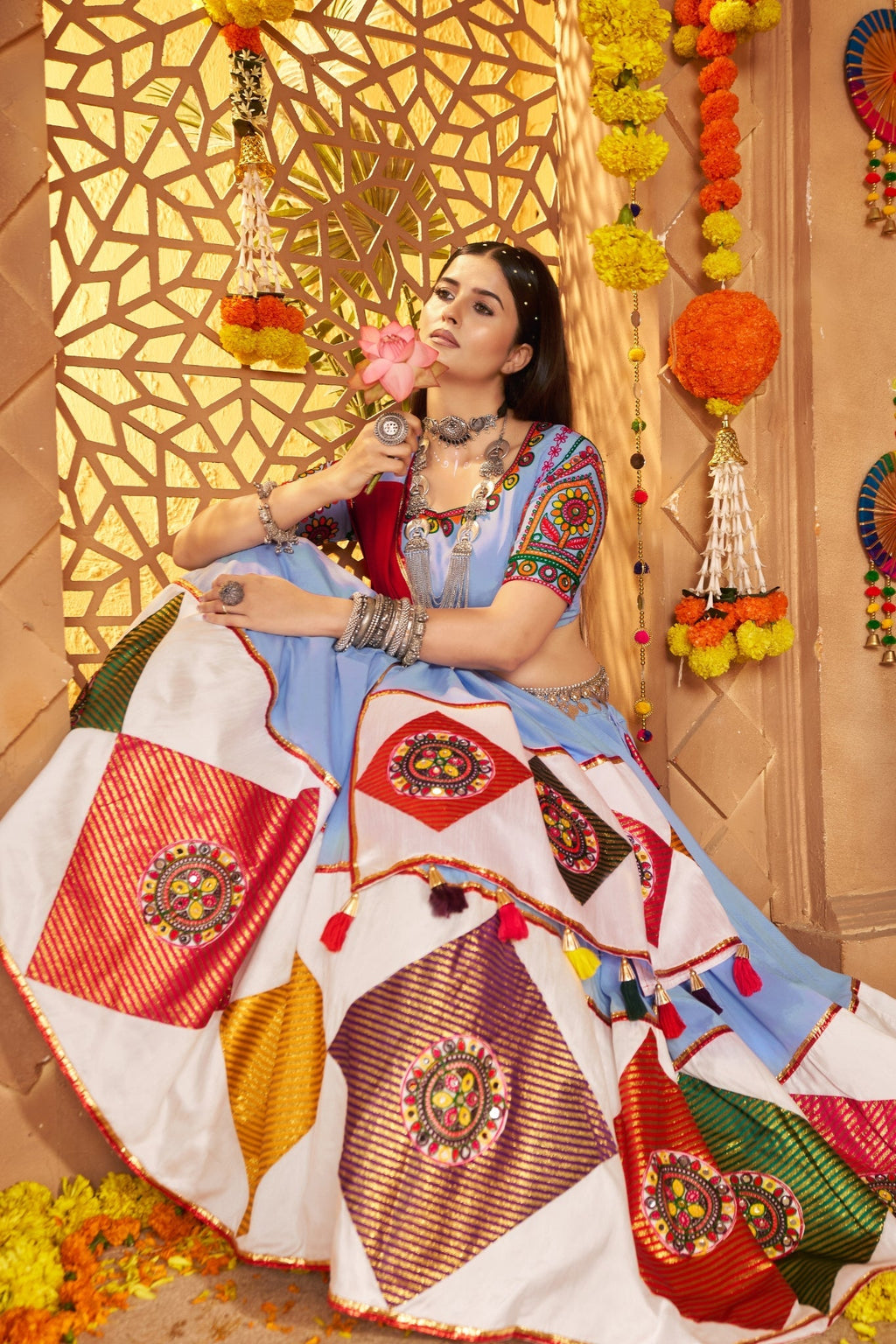 Light Blue Stunning Navratri Designer Viscose Cotton Lehenga Choli - ETHNICDEAL