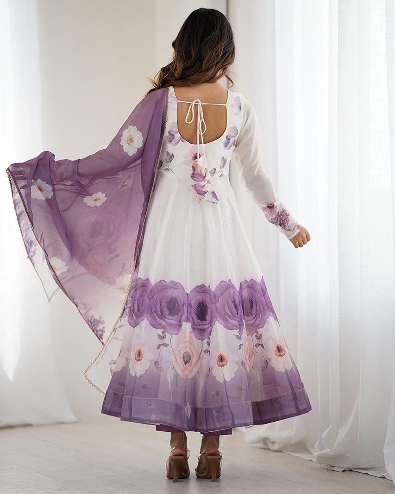 Violet Color Floral Pure Soft Tebby Organza Three Piece Anarkali Suit - ETHNICDEAL