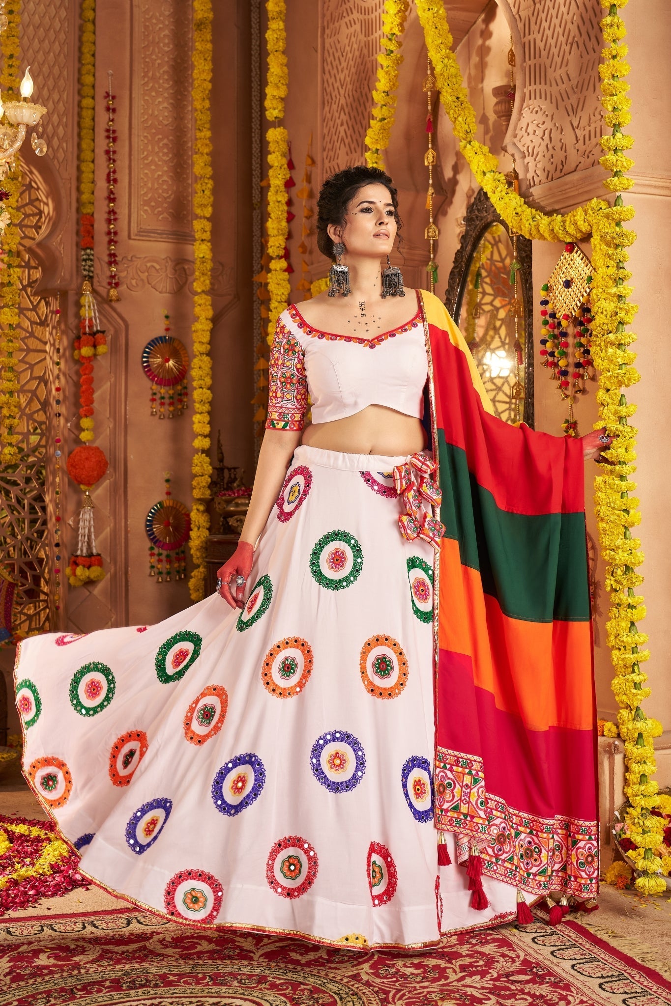 Viscose Cotton Elegant Thread Embroidered With Mirror Work Traditional Navratri Lehenga Choli - ETHNICDEAL