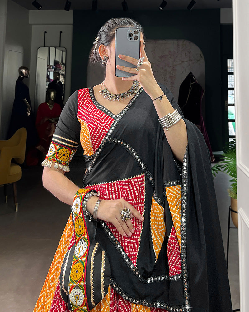 Red And Yellow Bandhej And Ajarakh Print Rayon Navratri Lehenga Choli - ETHNICDEAL