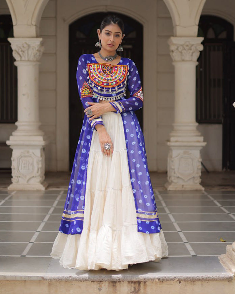 Blue Bandhani Print Kurti with Kora Cotton Lehenga for Women - ETHNICDEAL