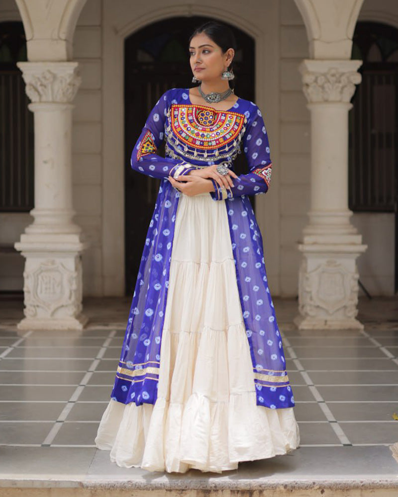 Blue Bandhani Print Kurti with Kora Cotton Lehenga for Women - ETHNICDEAL