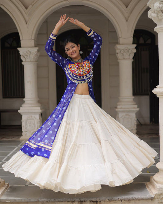 Blue Bandhani Print Kurti with Kora Cotton Lehenga for Women - ETHNICDEAL