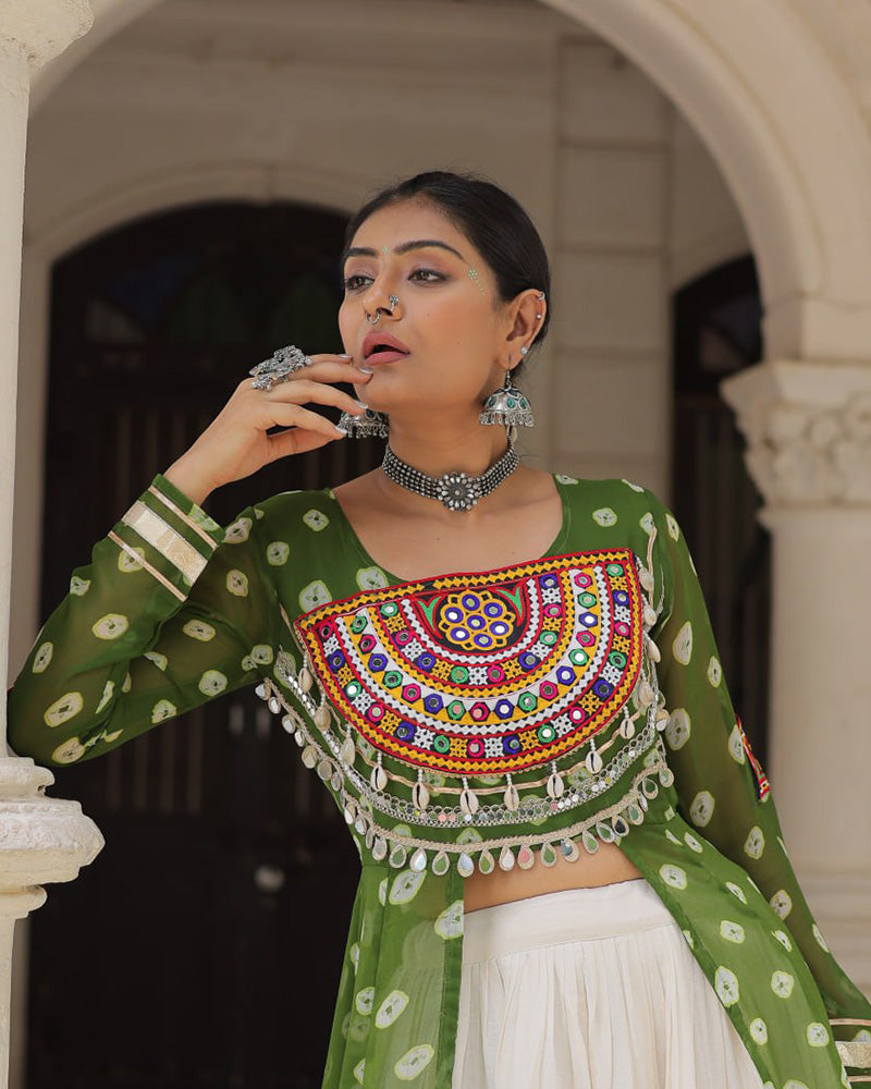 Parrot Green Color Bandhani Print Kurti With Kora Cotton Lehenga - ETHNICDEAL