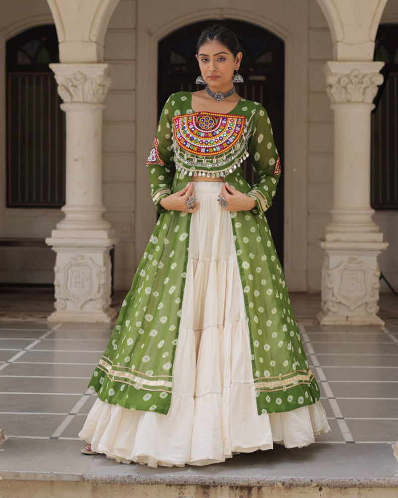 Parrot Green Color Bandhani Print Kurti With Kora Cotton Lehenga - ETHNICDEAL