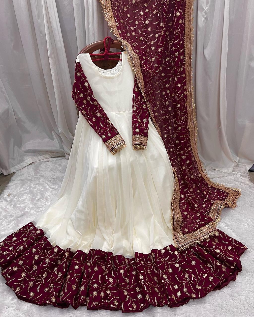 Exquisite White Chinon Silk Thread Sequins Worked Suit With Dupatta - ETHNICDEAL