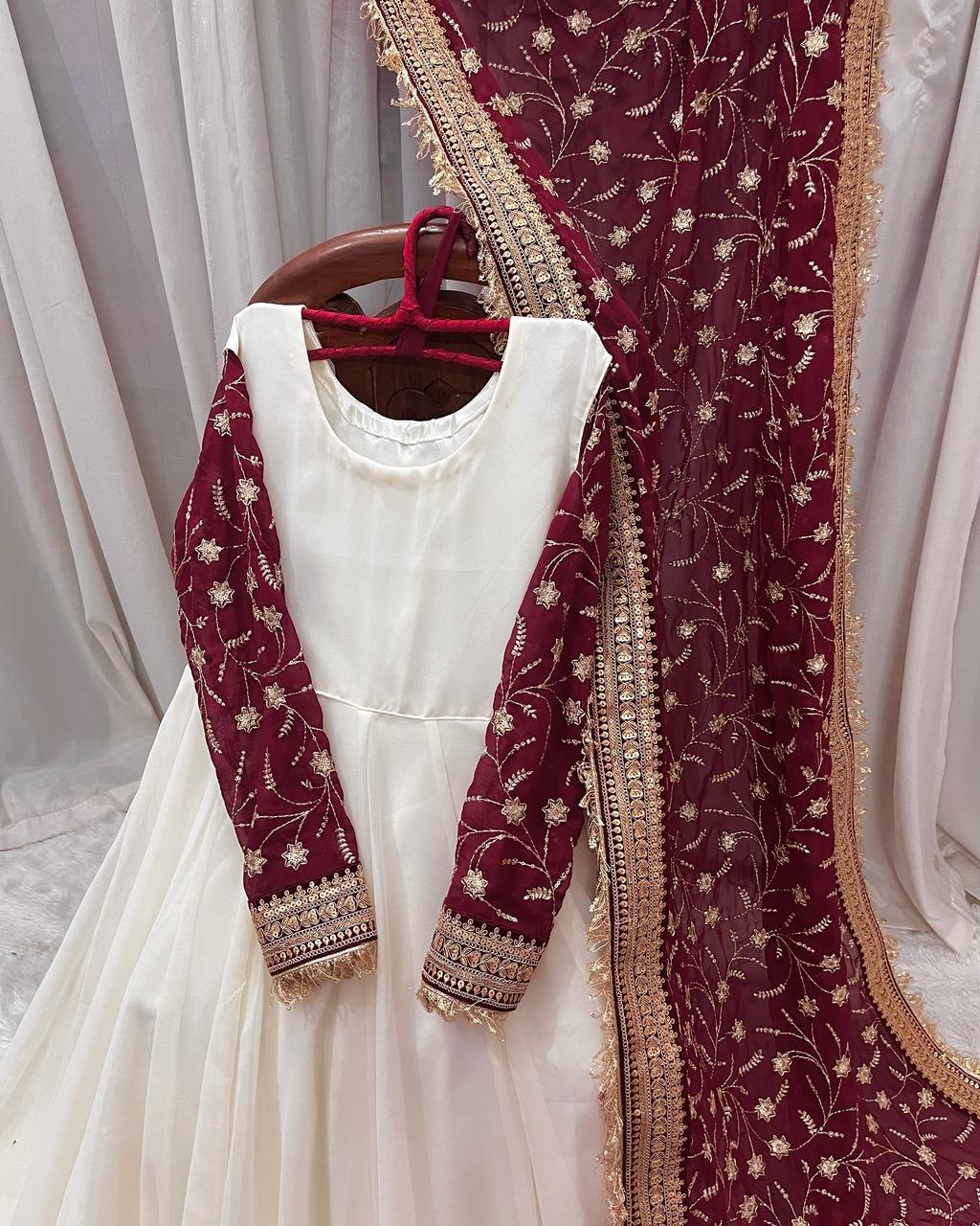 Exquisite White Chinon Silk Thread Sequins Worked Suit With Dupatta - ETHNICDEAL