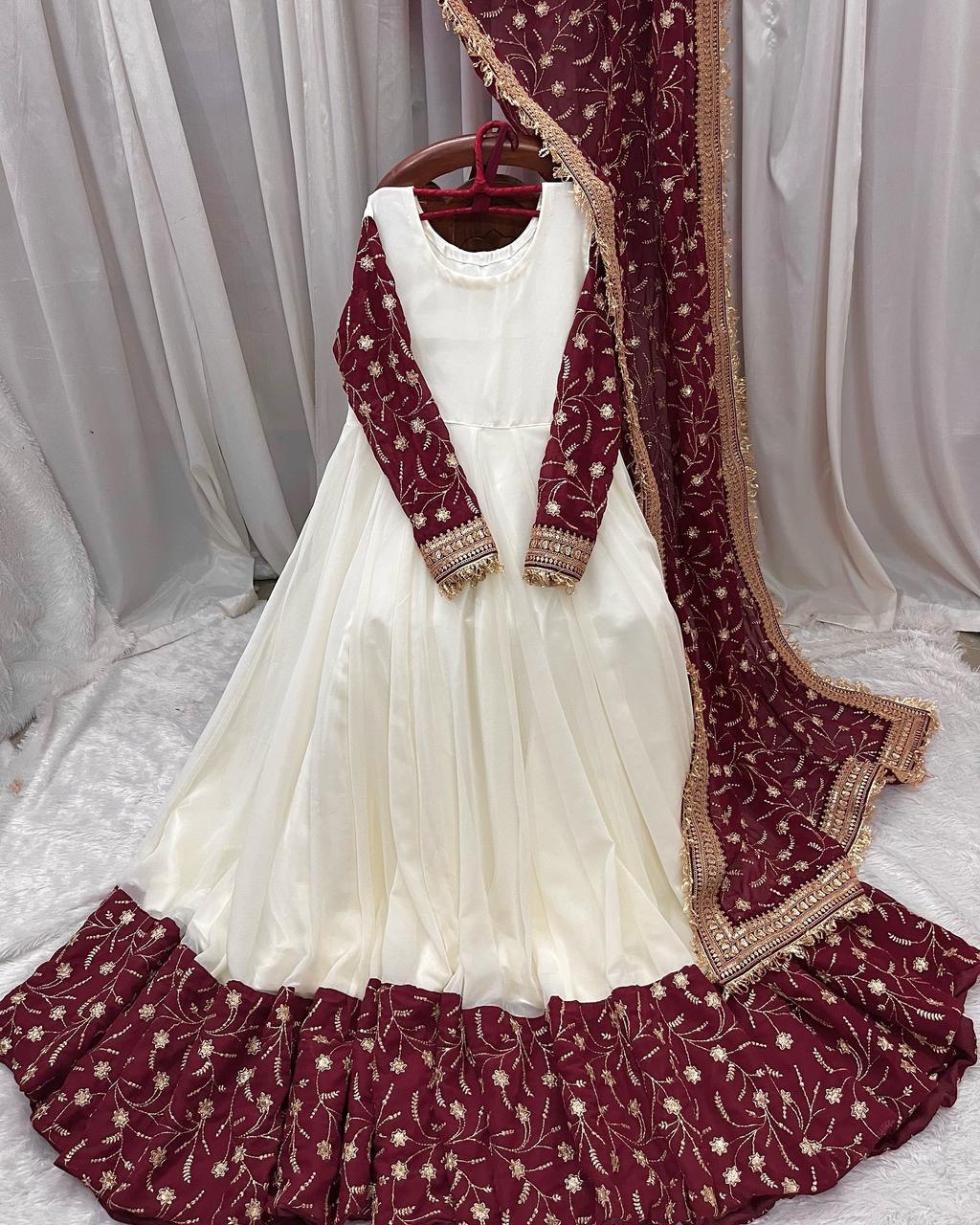 Exquisite White Chinon Silk Thread Sequins Worked Suit With Dupatta - ETHNICDEAL