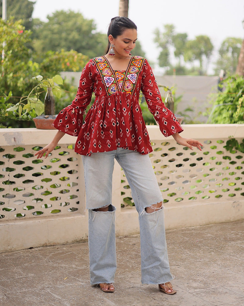 Designer Maroon Cotton Printed Kediya for Navratri Festival - ETHNICDEAL