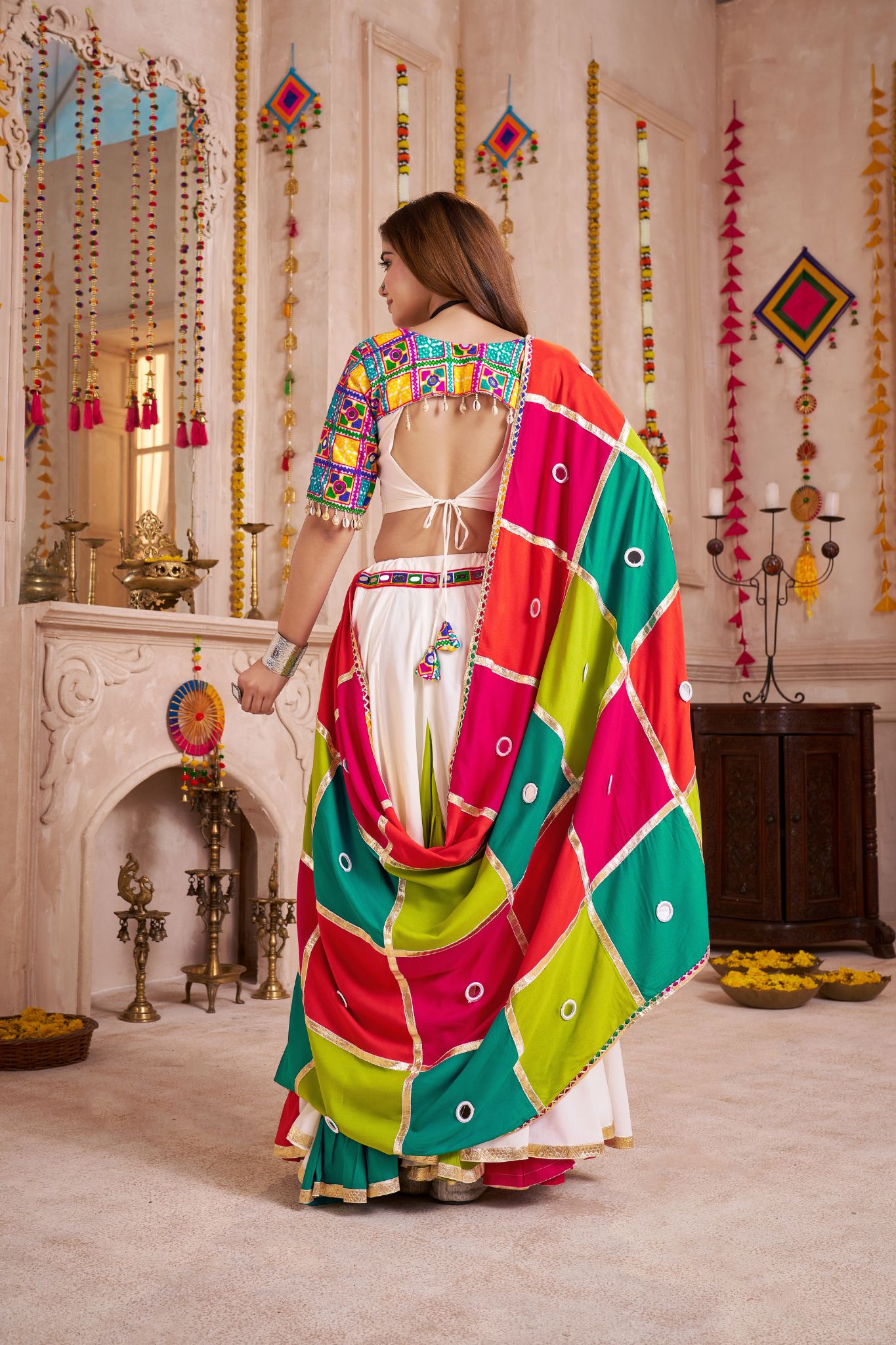 Classic Navratri Lehenga Choli With Handmade Multicolor Patchwork Dupatta - ETHNICDEAL