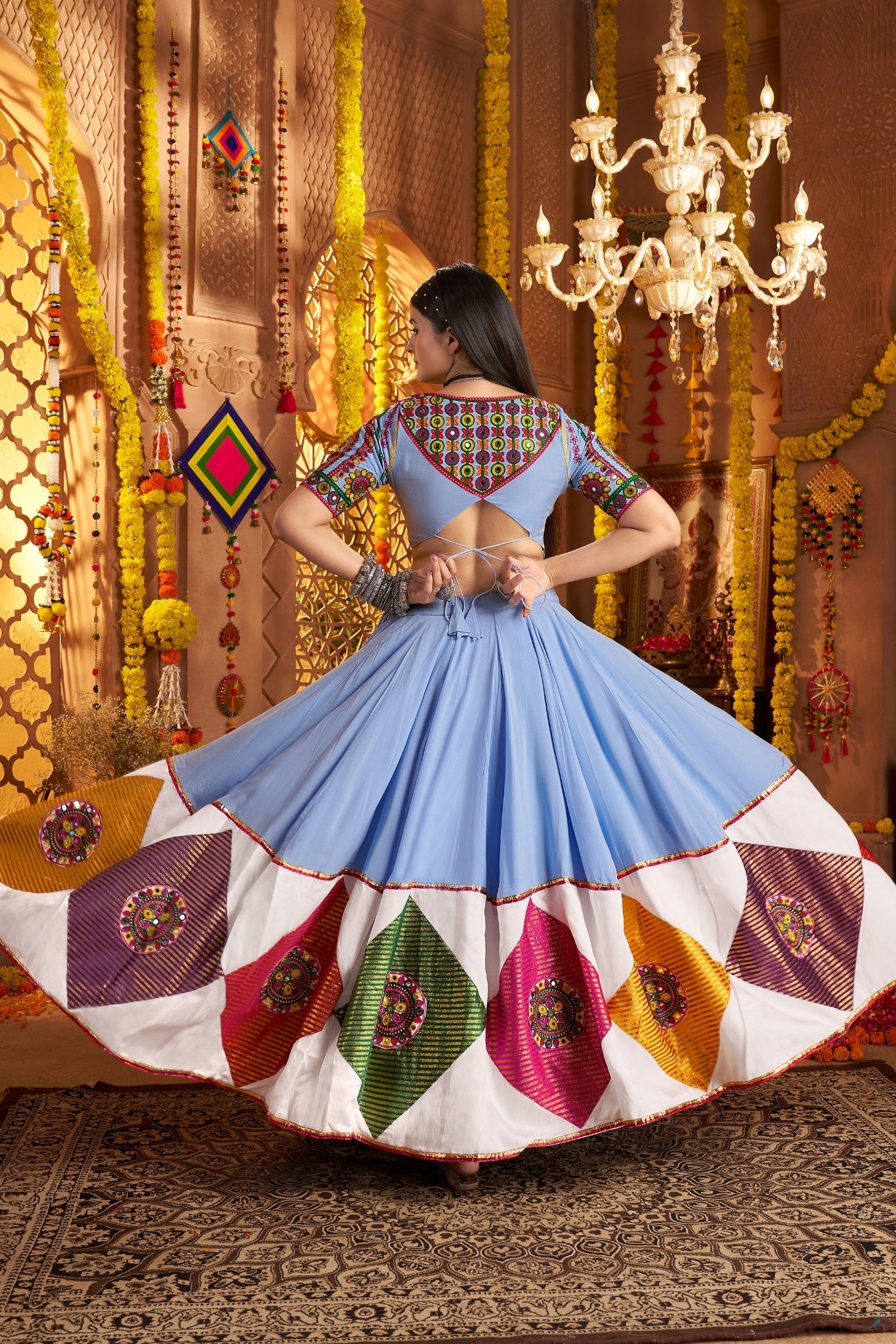 Light Blue Stunning Navratri Designer Viscose Cotton Lehenga Choli - ETHNICDEAL