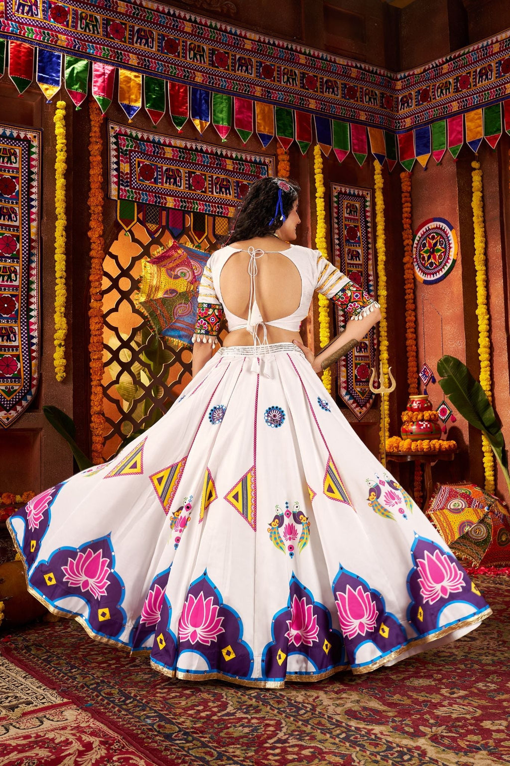 Designer White Navratri Lehenga Choli With Mirror And Hand Embroidery Work - ETHNICDEAL