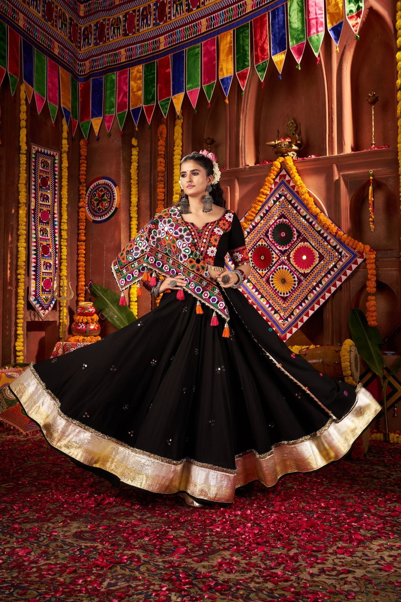 Black Thread With Mirror Hand Work Viscose Cotton Navratri Lehenga Choli - ETHNICDEAL