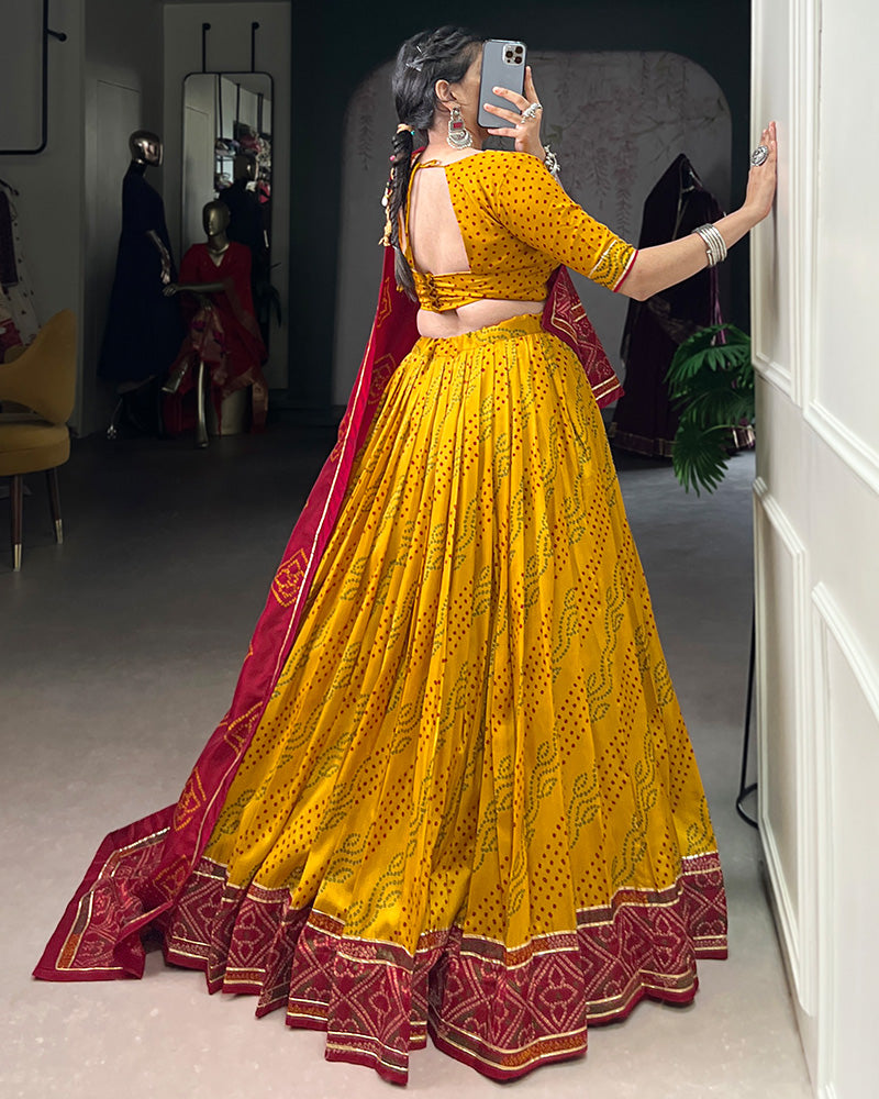Yellow Tussar Silk Bandhej Lehenga Choli for Navratri Festival Wear - ETHNICDEAL